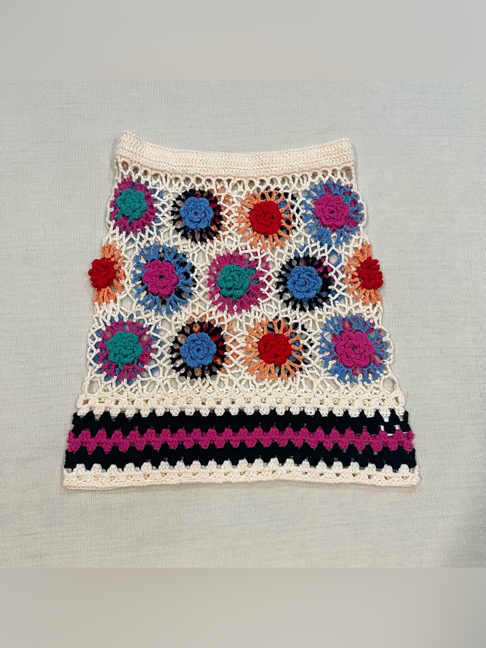 Debut Crochet Floral Granny Square Cover Up Mini Skirt Cream Size M/L